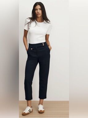 Veronica Beard Renzo Crest Button Cropped Slim Pant- Navy/Gold-4- MSRP $448